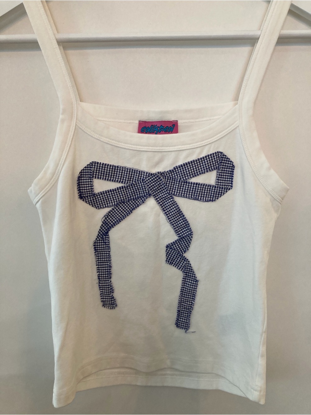 Edikted Like New XS White Tank Top with Navy Gingham Bow